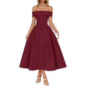 Women's Wine Elegant Off Shoulder Short Sleeve Swing A Line Midi Dress